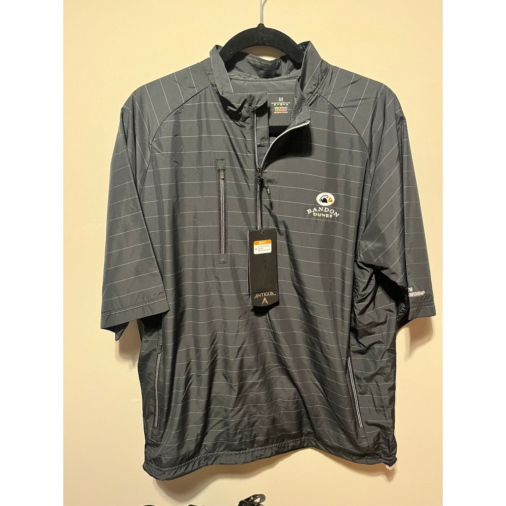 Antigua Men Bandon Dunes Cyclone Short Sleeve Golf Windshirt Black Pinstripe M